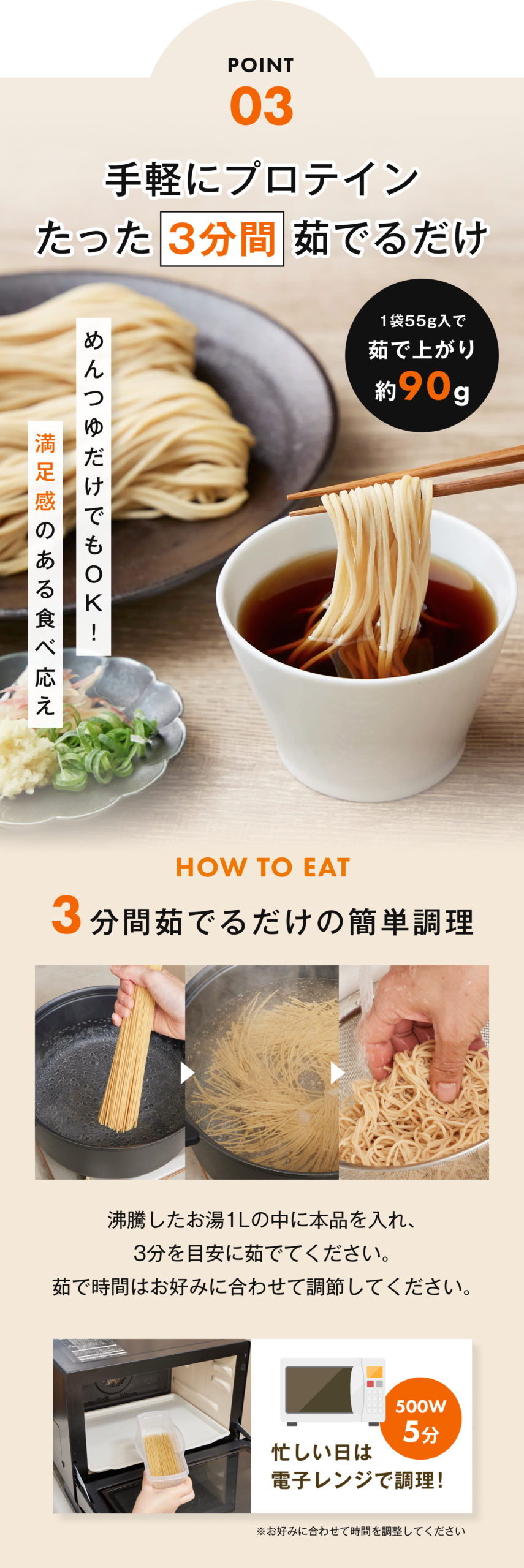 ポイント03！手軽にプロテインたった3分間茹でるだけ